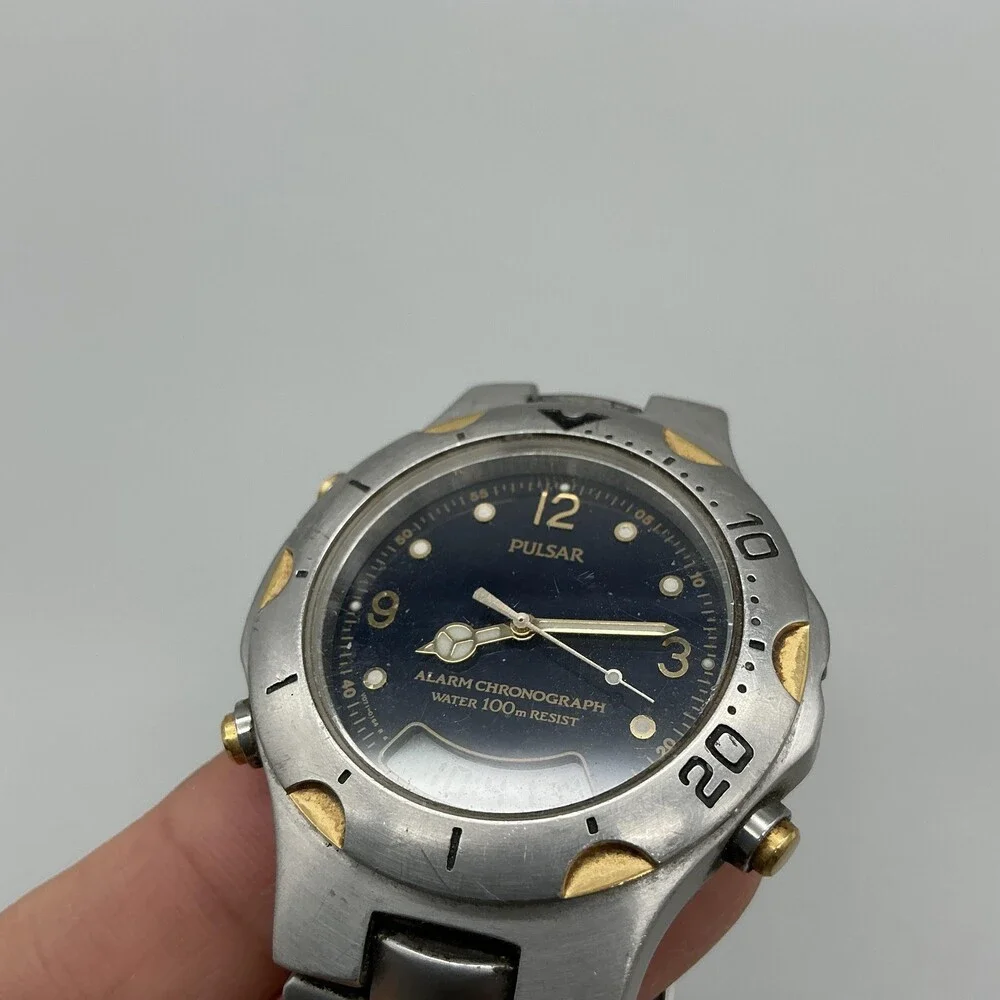 Pulsar V071-0110 Mens Watch 40mm Blue Dial Stainless Alarm Ana-Digi For Parts
